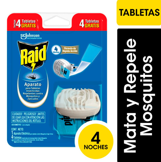 Insecticida Raid Aparato + 4 Tabletas Gratis Mosquitos y Zancudos