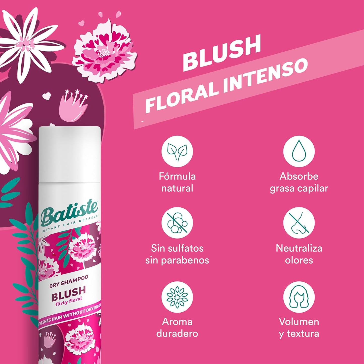 Batiste Blush, Shampoo En Seco Floral, Limpia y Refresca El Cabello Aerosol 200ml.