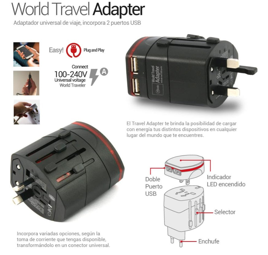 Adaptador Enchufes Universal Para Viajes +2 Puertos USB Mlab