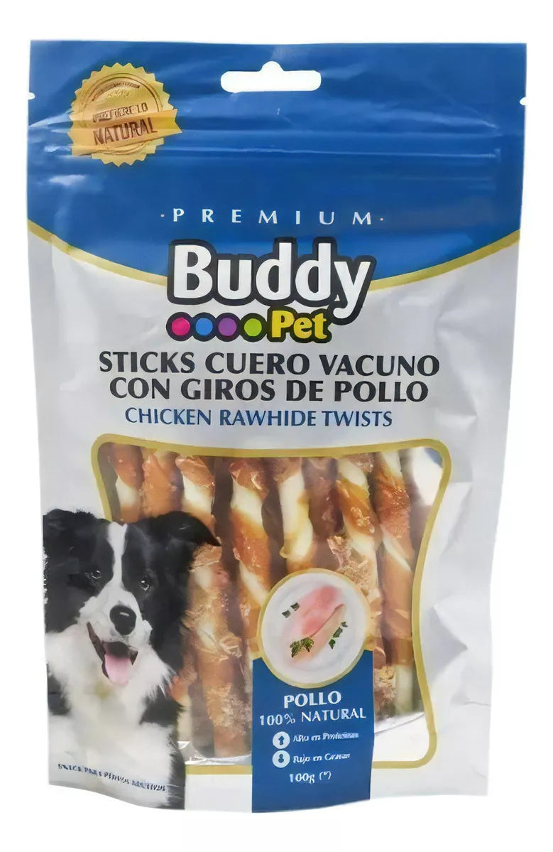 Sticks Perro Cuero de Vacuno con Giros de Pollo Buddy Pet 100Gr.