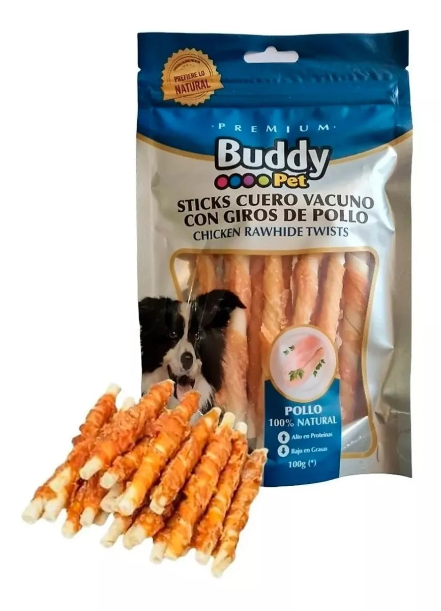 Sticks Perro Cuero de Vacuno con Giros de Pollo Buddy Pet 100Gr.