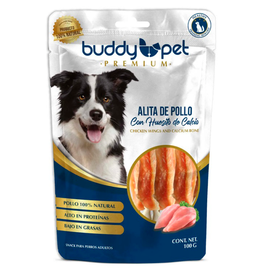 Snack Perro Alita de Pollo con Huesito de Calcio Buddy Pet 100Gr.