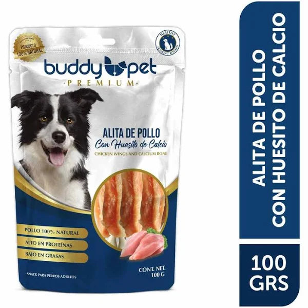 Snack Perro Alita de Pollo con Huesito de Calcio Buddy Pet 100Gr.